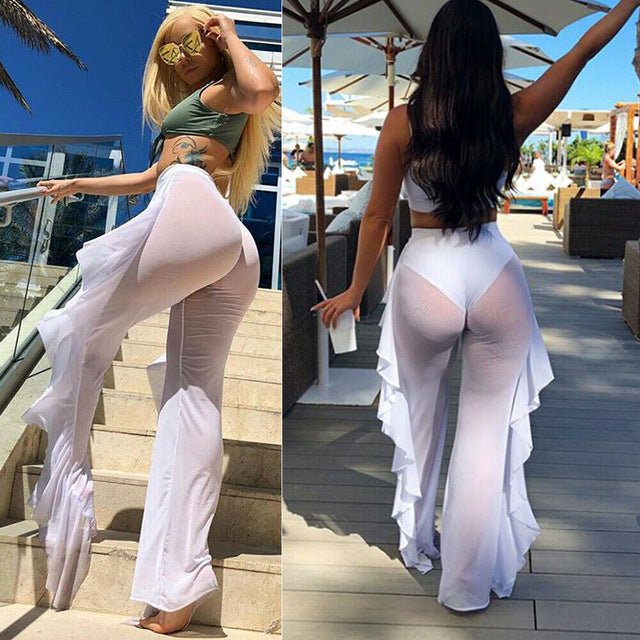 Damen Elegante und luftige Transparent-Hose mit Rüschendetails Drune
