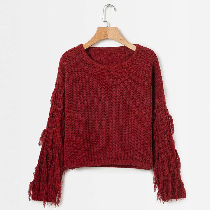 Damen Strickpullover mit fransigen Ärmeln und komfortablem Schnitt Drune
