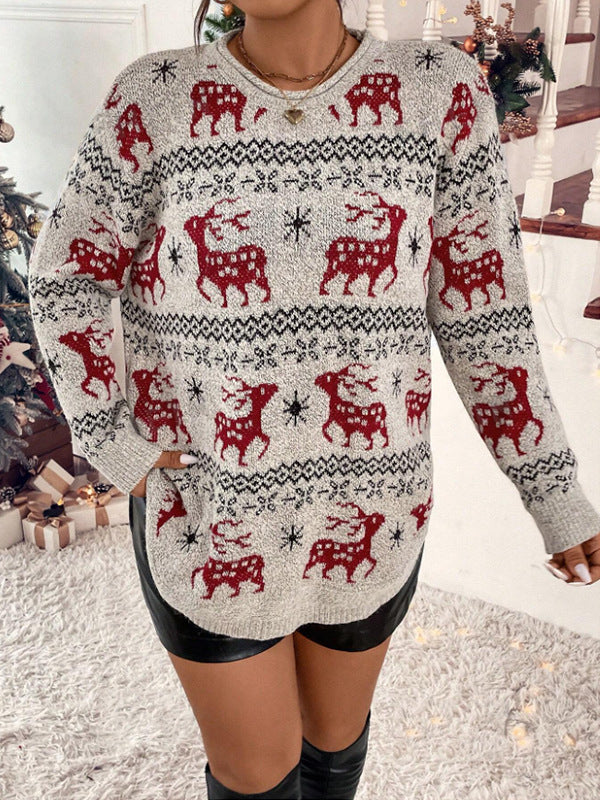Damen Festlicher Strickpullover mit detailverliebtem Rentier-Motiv und hohem Kragen Drune