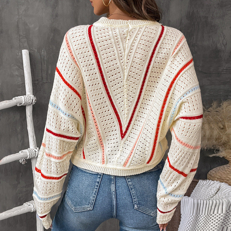 Damen Strickpullover mit modernem Lochmuster und dekorativen Streifen Drune