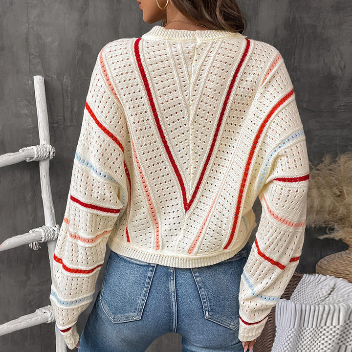 Damen Strickpullover mit modernem Lochmuster und dekorativen Streifen Drune