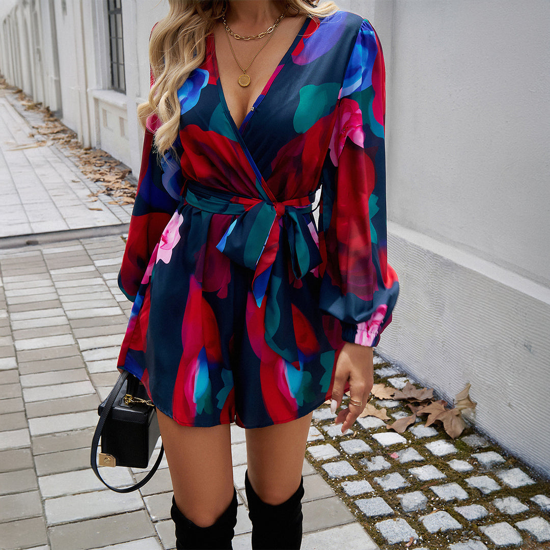 Damen Wickelkleid mit verspieltem Blumendesign und eleganten Puffärmeln Drune