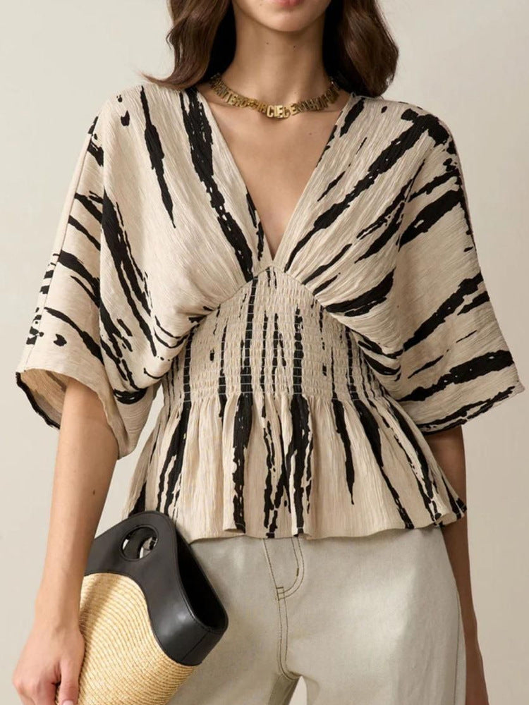 Damen V-Ausschnitt Bluse mit weitem Schnitt und Raffung Drune