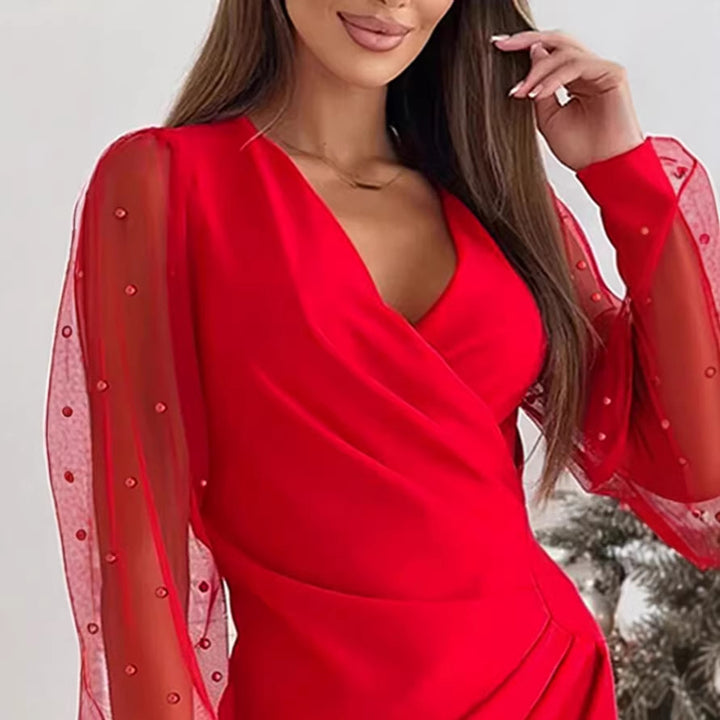 Damen Wickelkleid mit eleganten transparenten Ärmeln und schimmerndem Detail Drune