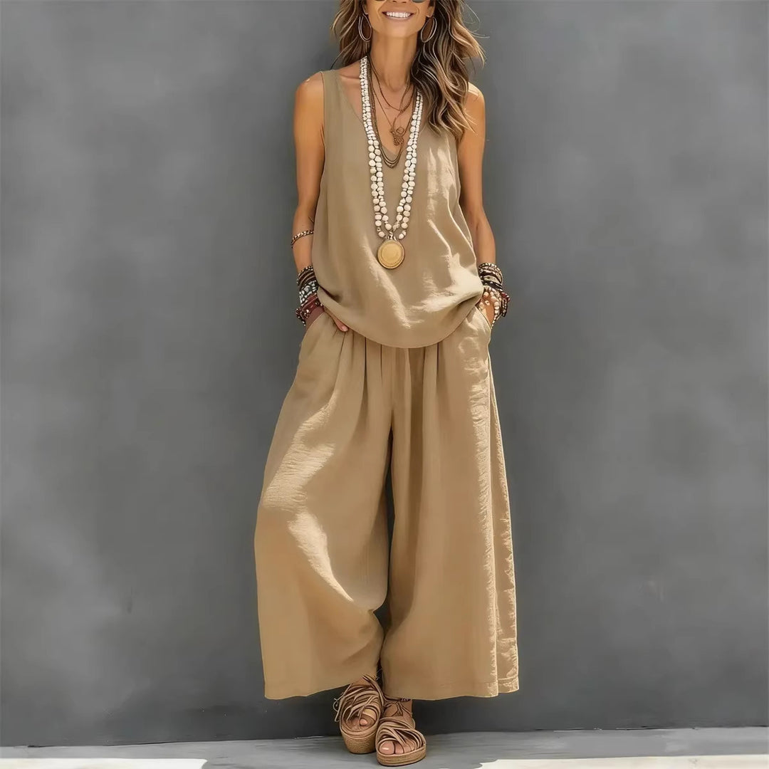 Damen Lockere Sommerbluse mit weitem Schnitt und hochtaillierter Hose Drune