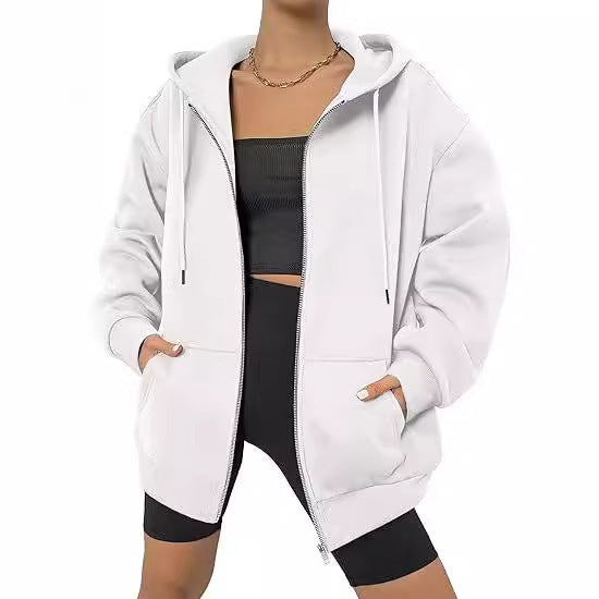 Damen nan oversized Zip-Kapuzenjacke mit kontrastierendem Reißverschluss, doppellagiger Kapuze und Kängurutasche Drune