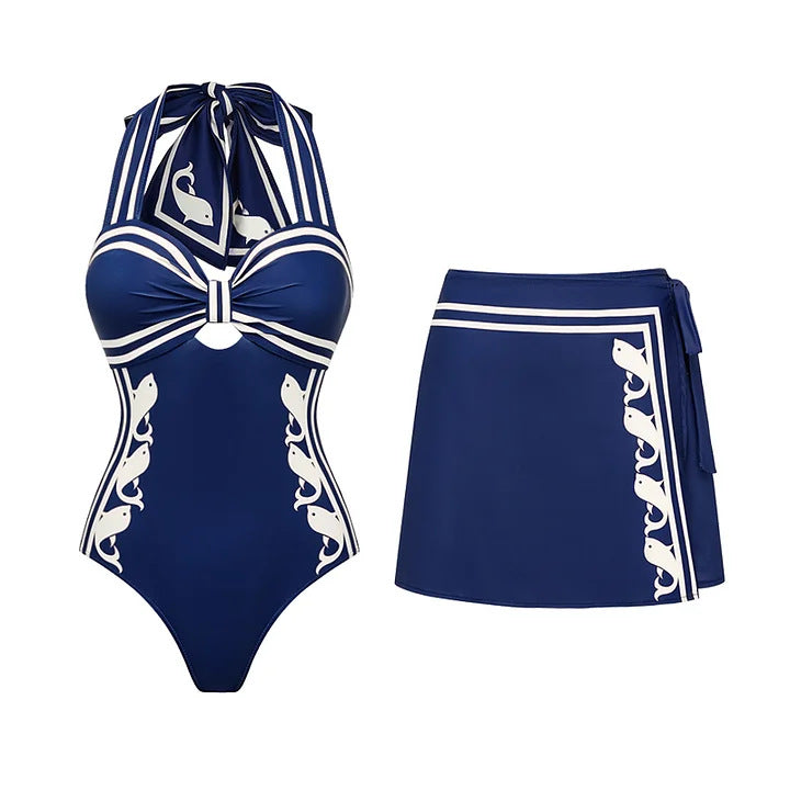 Damen Einteiler Badeanzug mit raffiniertem Cut-Out und dekorativen Schleifen Drune