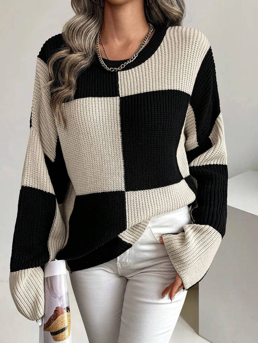Damen Grobstrickpullover mit auffälligem Blockmuster Drune