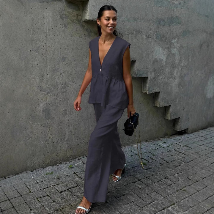 Damen luftiger Jumpsuit mit V-Ausschnitt und fließendem Schnitt Drune