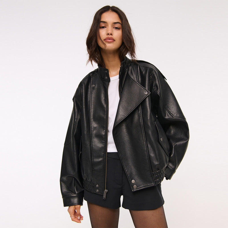 Damen Modische Kunstlederjacke im oversized Schnitt mit strukturierten Details Drune