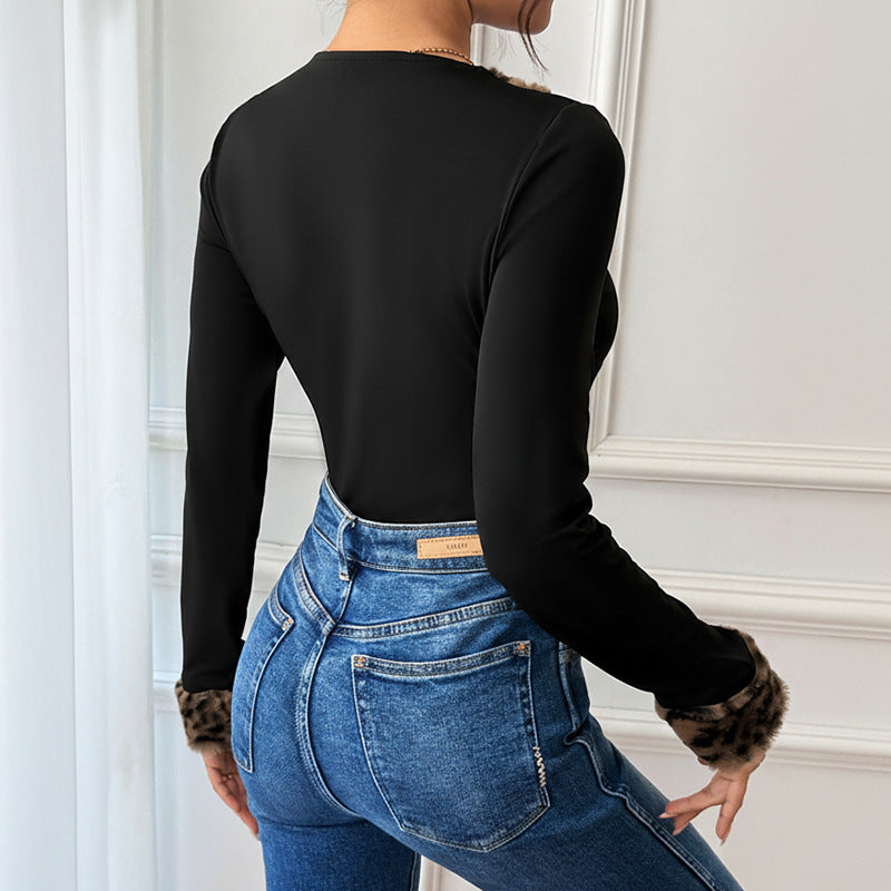 Damen Body mit voluminösem tiefem V-Ausschnitt und leichtem Leopardenmuster Drune