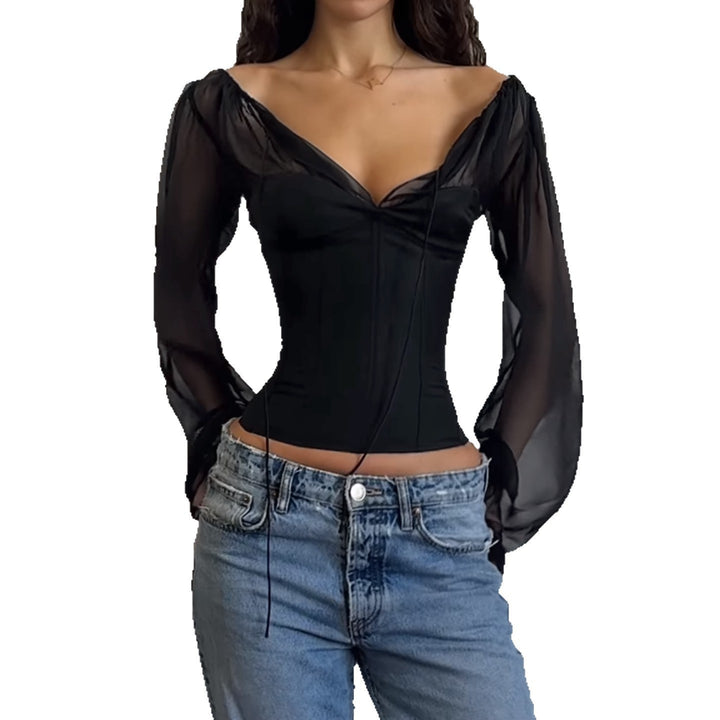 Damen elegantes Oberteil mit transparenten Ärmeln und schmaler Silhouette Drune