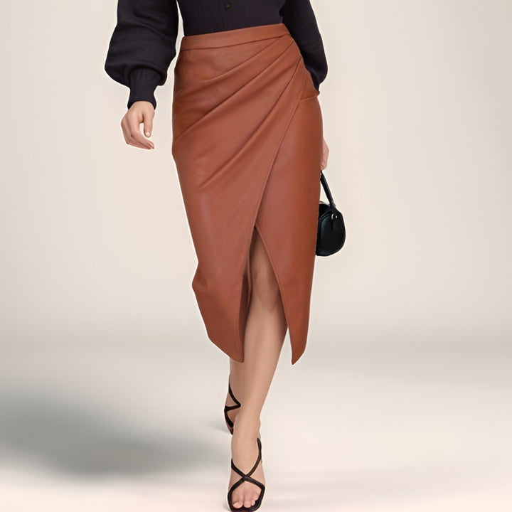 Damen Eleganter Wickelrock aus hochwertigem Kunstleder mit Schlitz Drune
