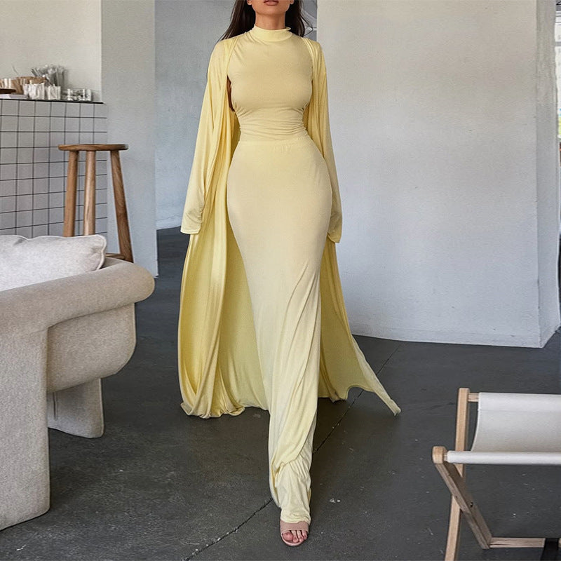 Damen elegantes Maxikleid mit weitem Cape und langen Ärmeln Drune