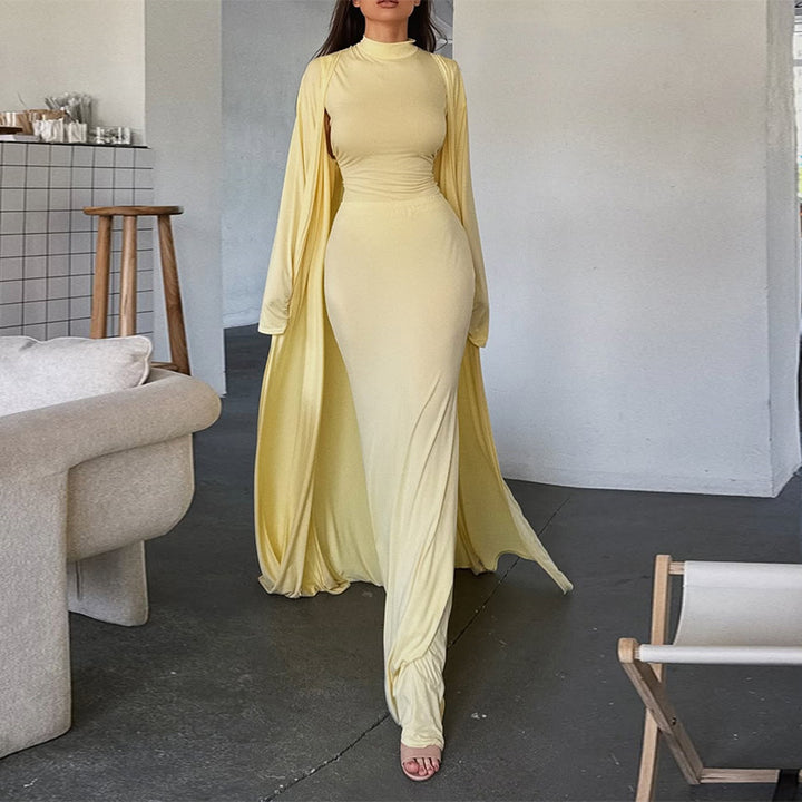 Damen elegantes Maxikleid mit weitem Cape und langen Ärmeln Drune