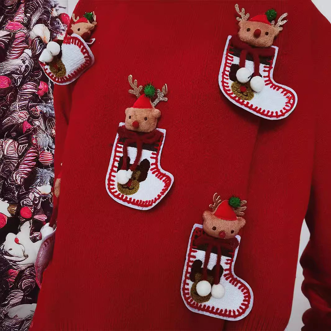 Damen Weihnachts-Strickpullover mit festlichem Rentier-Motiv und 3D-Details Drune