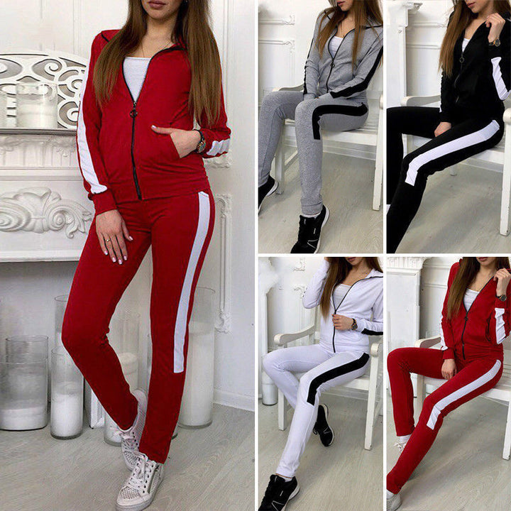 Damen Sportanzug mit stylishen Kontraststreifen und hohem Kragen Drune