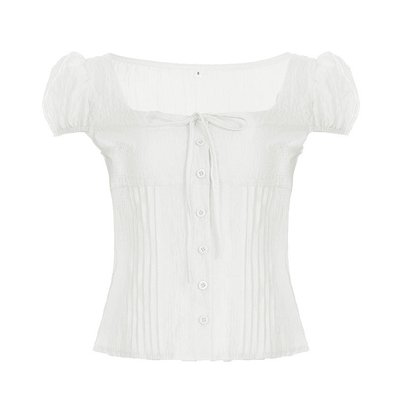 Damen Kurzarm Hemdbluse mit eleganter Raffung und verspieltem Bindeband Drune