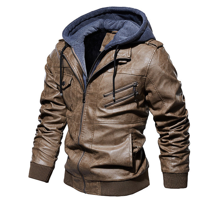 Herren lässige Kunstlederjacke mit abnehmbarer Kapuze und zahlreichen Taschen Drune