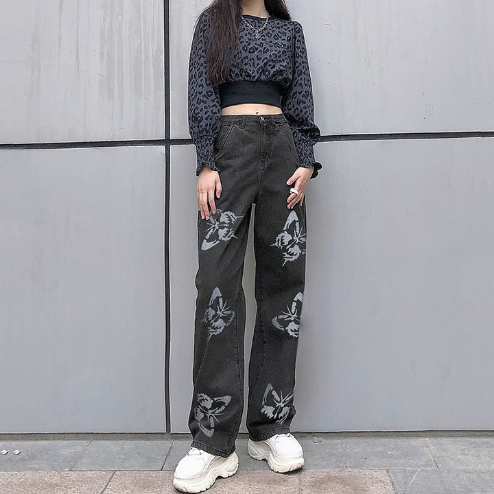 Damen nan weite High-Waist-Jeans mit Gothic-Schmetterlingsprint und entspanntem Straight-Leg Drune