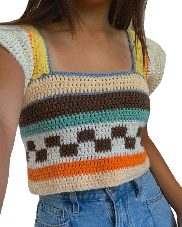 Damen gehäkeltes Crop-Top mit buntem Streifenmuster und Quadrat-Ausschnitt Drune