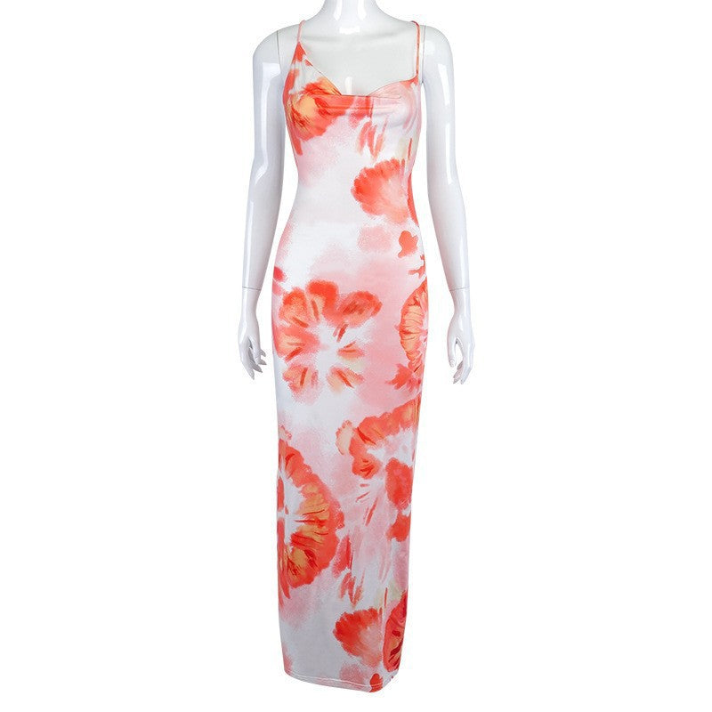 Damen langes Sommerkleid mit floralem Druck und verstellbaren Spaghettiträgern Drune
