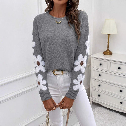 Damen Strickpullover mit floralen Applikationen und lässigem Schnitt Drune