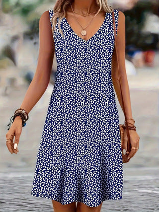 Damen ärmelloses Sommerkleid mit V-Ausschnitt und Knopfleiste Drune