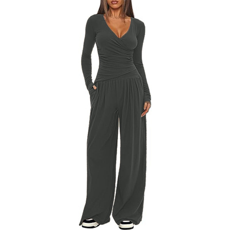 Damen Eleganter Wickel-Jumpsuit mit weitem Bein und modischen Details Drune