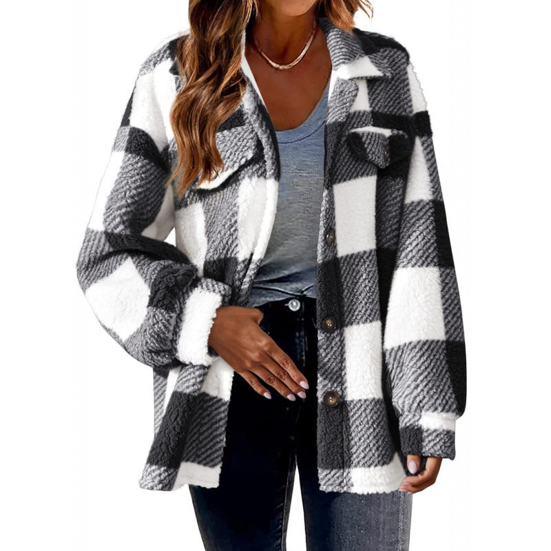 Damen Flauschige Karojacke mit Druckknopfverschluss und praktischen Taschen Drune