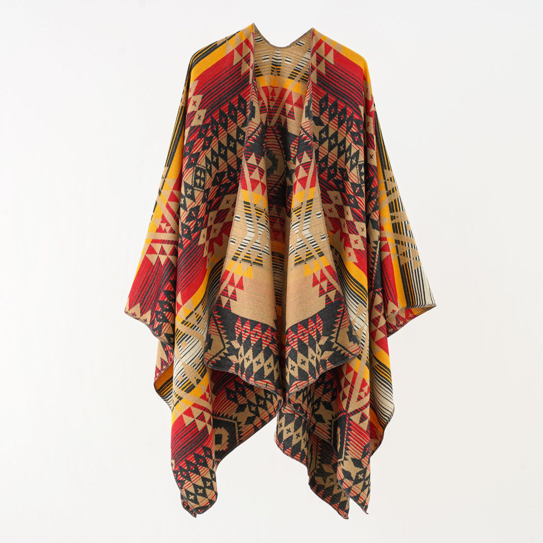 Damen Geometrischer Überwurfponcho mit warmem Material und trendiger Musterung Drune