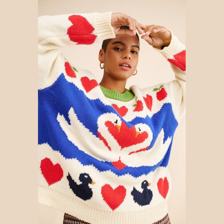 Damen Strickpullover mit Tiermotiv und farbenfrohen Akzenten Drune