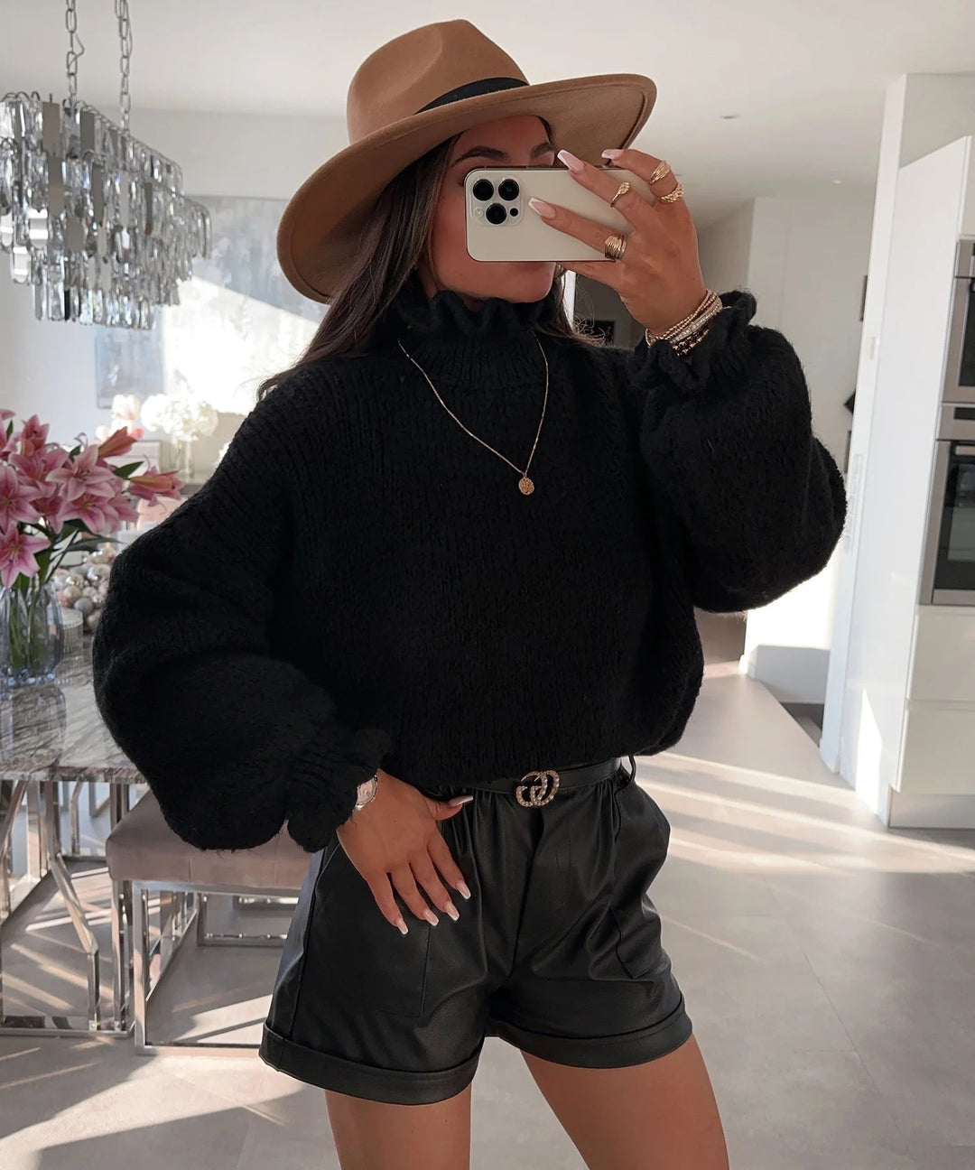 Damen kuscheliger Rollkragenpullover mit voluminösen Ärmeln Drune