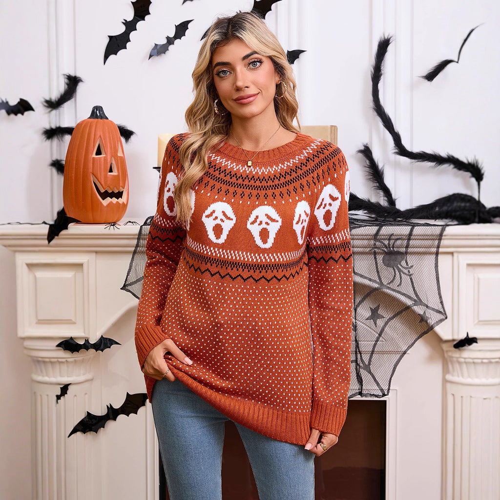 Damen Gemusterter Strickpullover mit Halloween-Motiv Drune