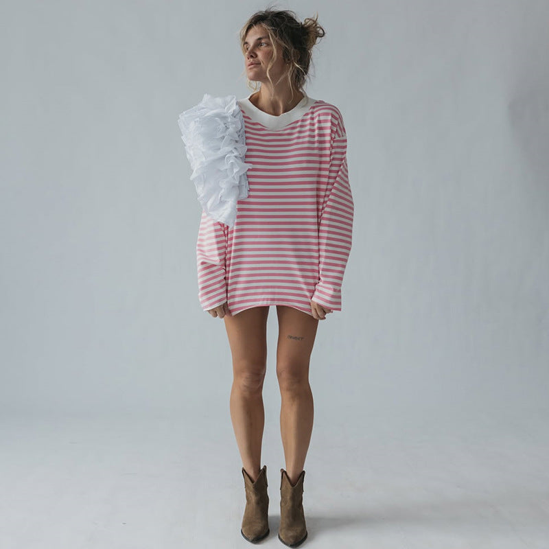 Damen Oversize Streifenpullover mit Rüschendetails Drune