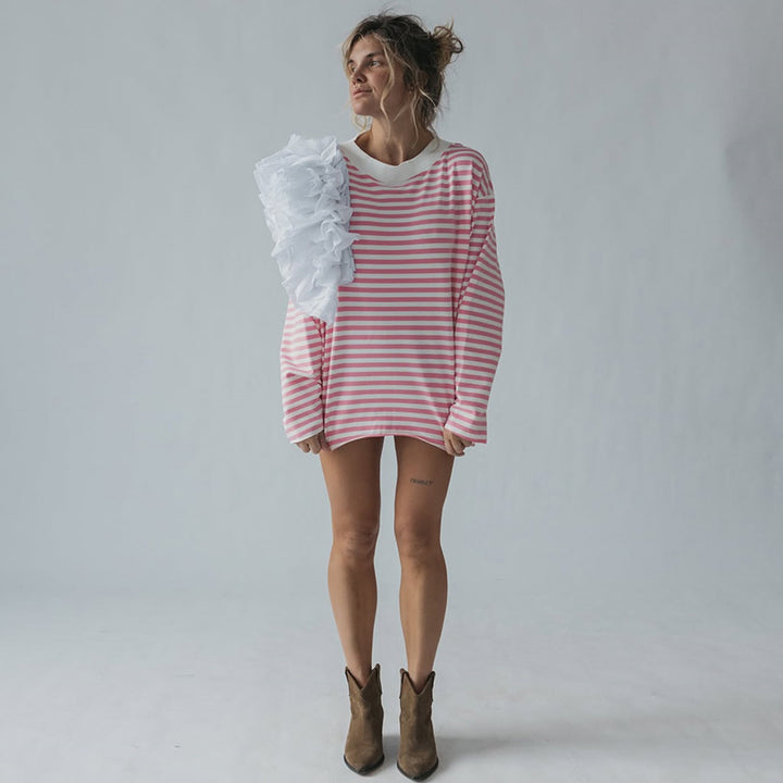 Damen Oversize Streifenpullover mit Rüschendetails Drune