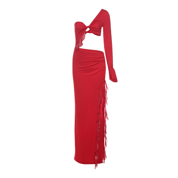 Damen Elegantes Maxikleid mit asymmetrischem Schnitt und Rüschendetails Drune