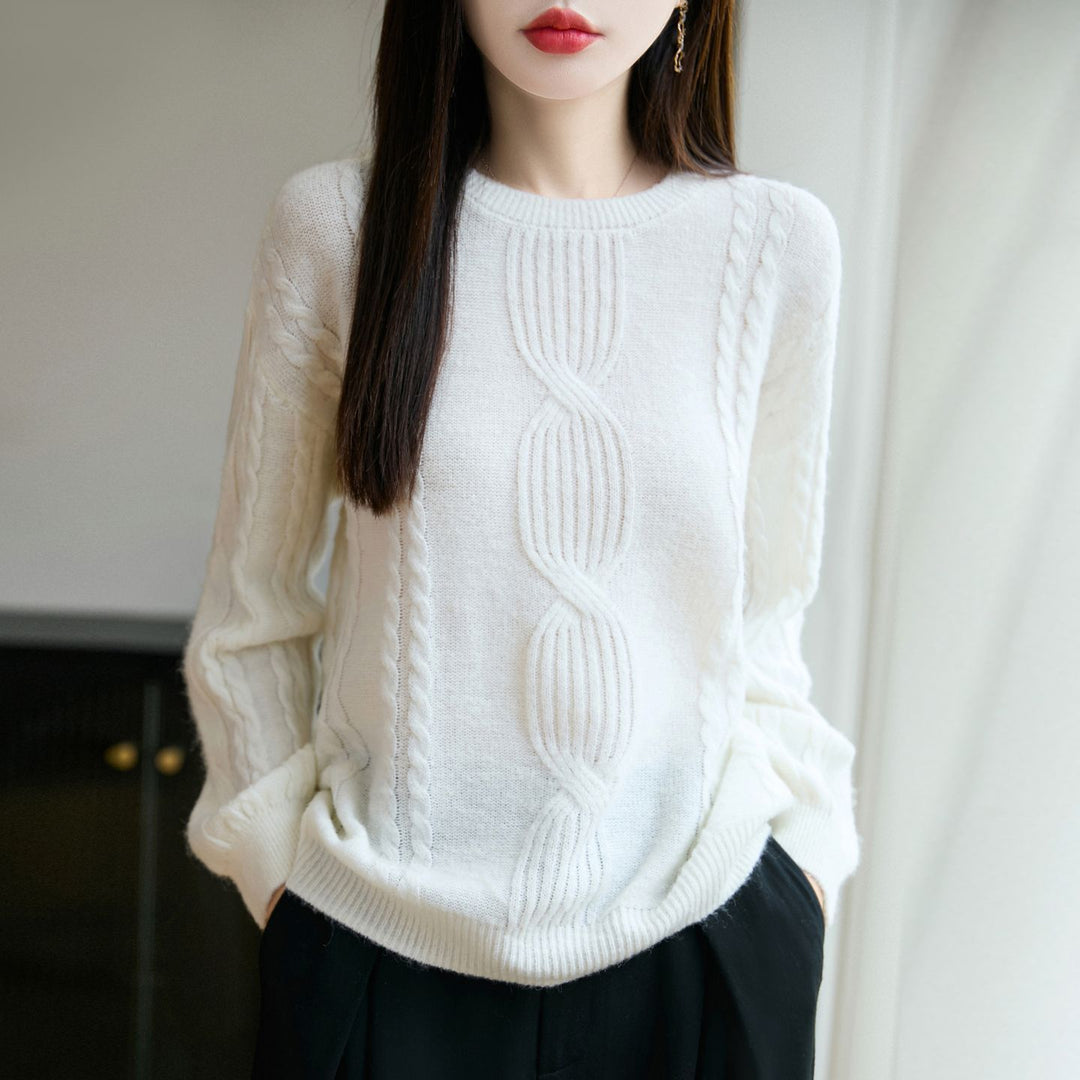 Damen Strickpullover mit einzigartigem Zopfmuster und Rundhalsausschnitt Drune