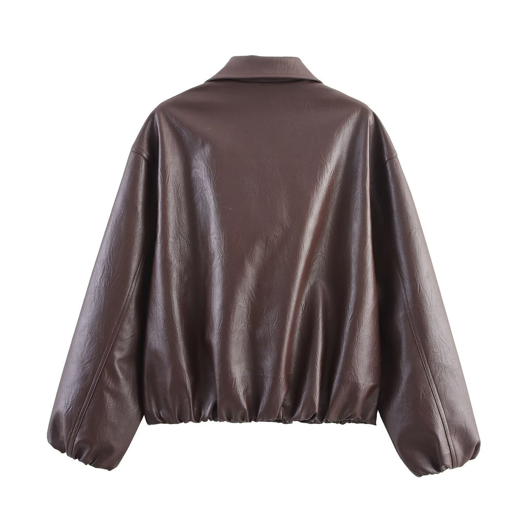 Damen modische Kunstlederjacke mit hohem Kragen und elastischer Taille Drune