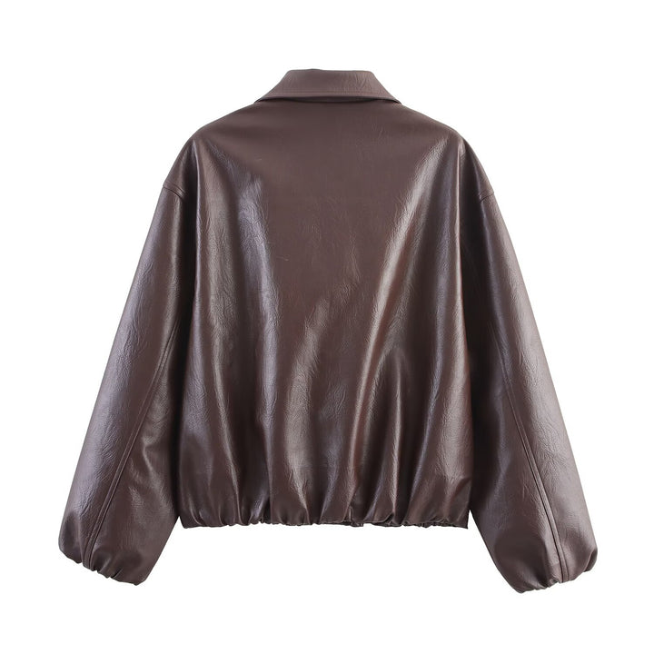 Damen modische Kunstlederjacke mit hohem Kragen und elastischer Taille Drune