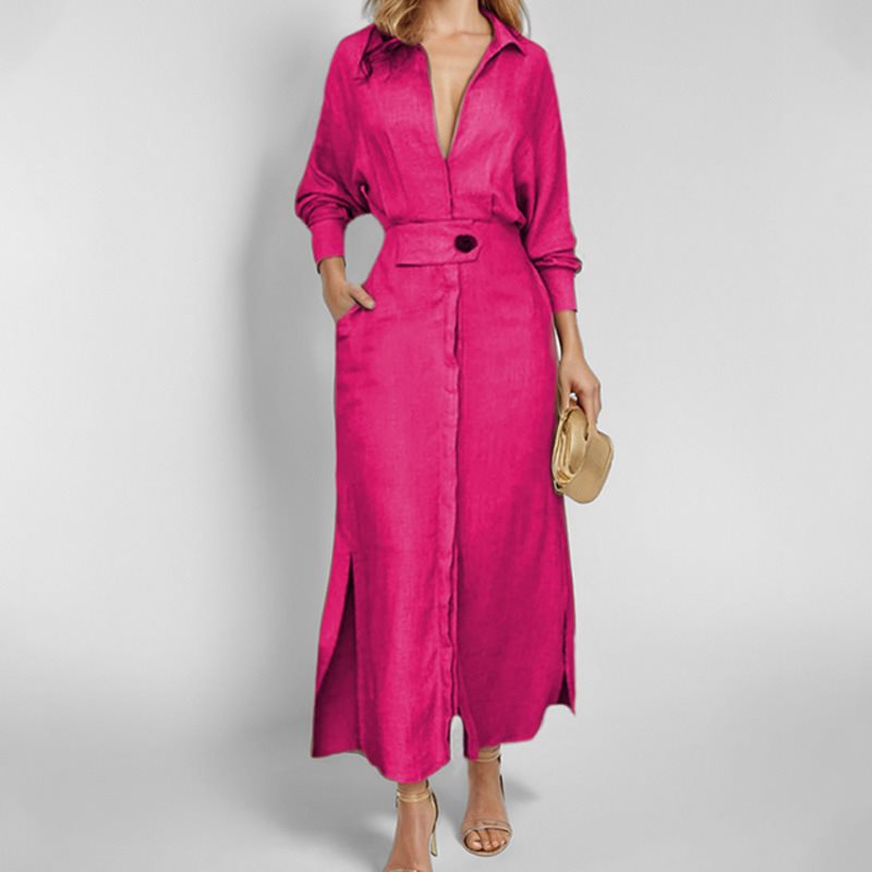 Damen Hemdkleid mit Taillengürtel und seitlichen Schlitzen Drune