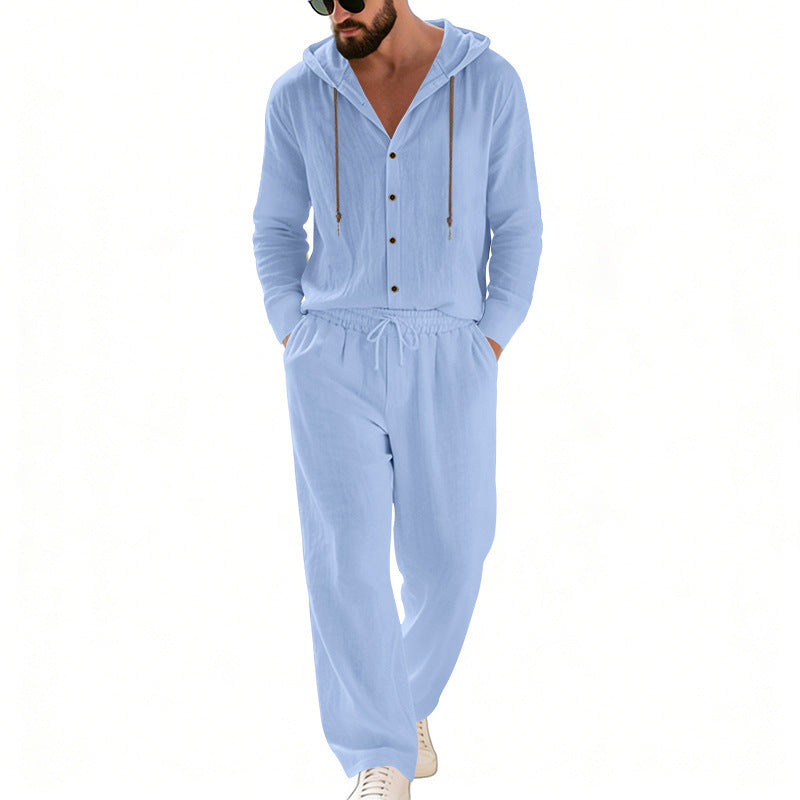 Herren nan legeres Kapuzen-Lounge-Set mit Knopfleiste, Kordelbundhose und seitlichen Eingrifftaschen Drune