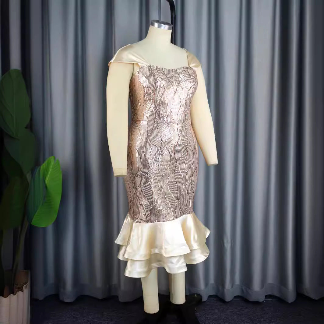 Damen Elegantes Abendkleid mit schimmernden Pailletten und femininem Rüschensaum Drune