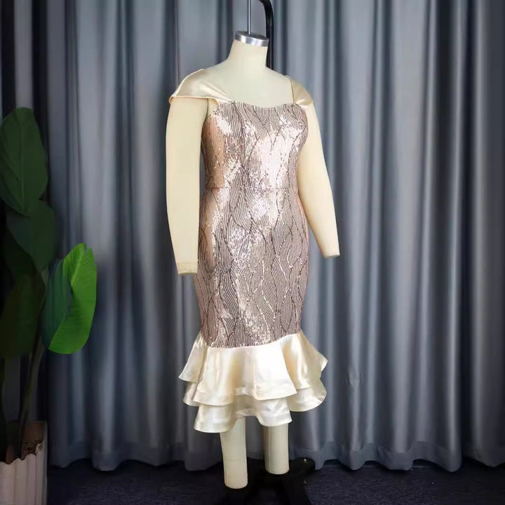 Damen Elegantes Abendkleid mit schimmernden Pailletten und femininem Rüschensaum Drune