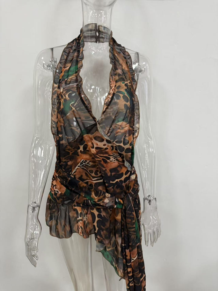 Damen raffiniertes Wickeltop mit tierischem Muster und Volant-Details Drune