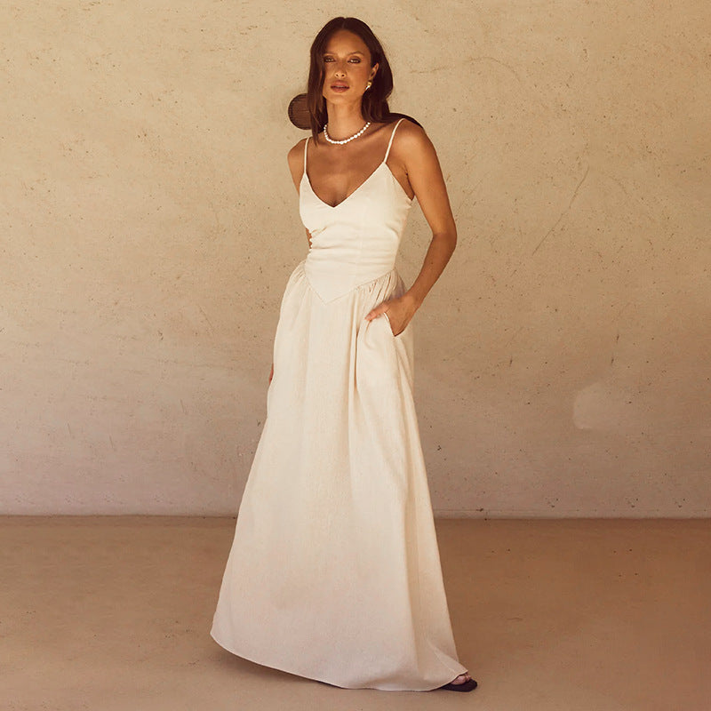 Damen elegantes Maxikleid mit feinen Spaghettiträgern und fließendem Rock Drune