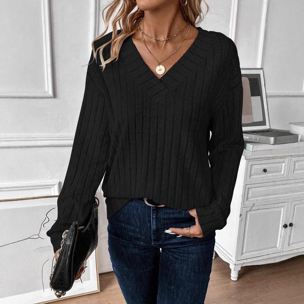 Damen lässiger Strickpullover mit V-Ausschnitt und Rippstruktur Drune