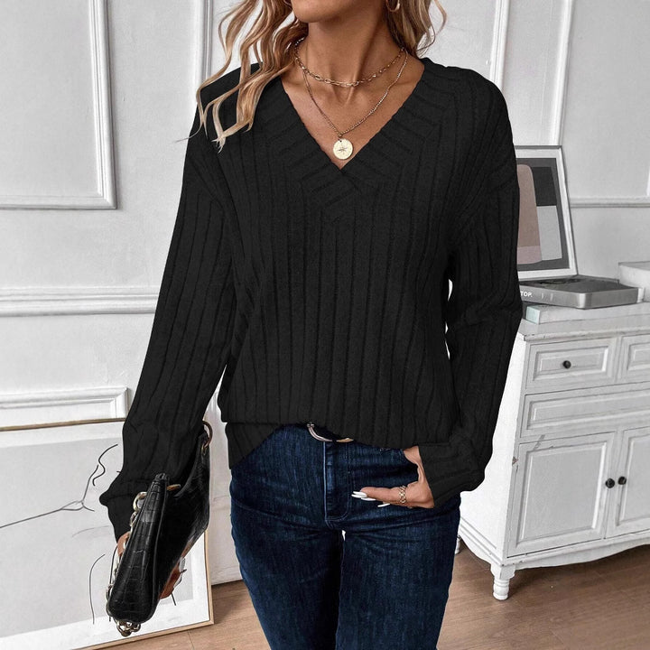Damen lässiger Strickpullover mit V-Ausschnitt und Rippstruktur Drune