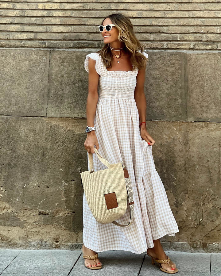 Damen Langes Gingham-Maxi-Kleid mit Rüschen Drune