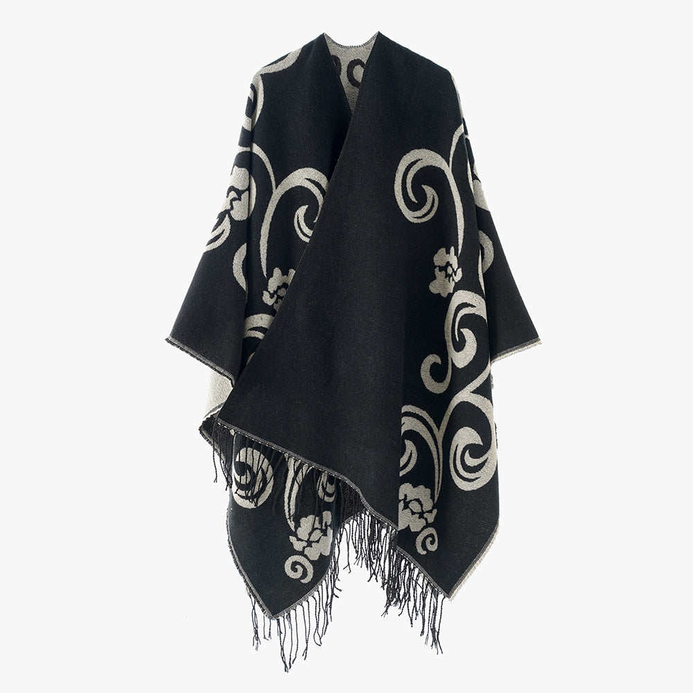 Damen Eleganter Poncho mit kunstvollem floralem Design Drune